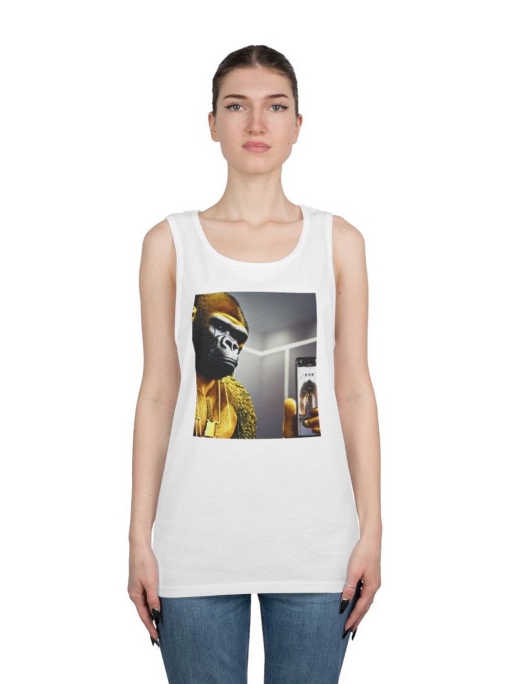 Al Blue designed,White Graphic Tank Top with Gold Gorilla Print